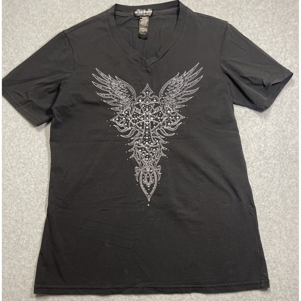From Los Angeles Bus Stop Women's 3XL V-Neck Cross Rhinestone Graphic T-Shirt